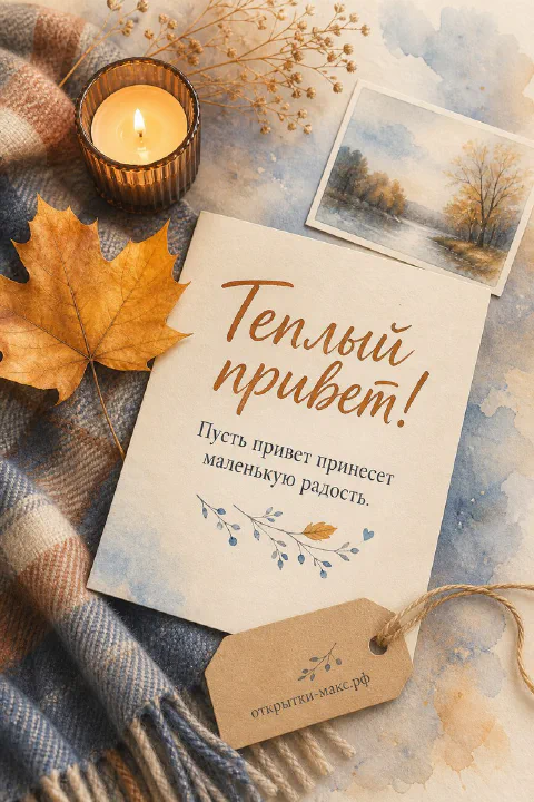 Открытка-привет рядом с чашкой чая и маленьким цветком