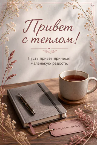 Открытка-привет рядом с чашкой чая и маленьким цветком