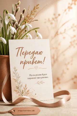 Открытка-привет рядом с чашкой чая и маленьким цветком