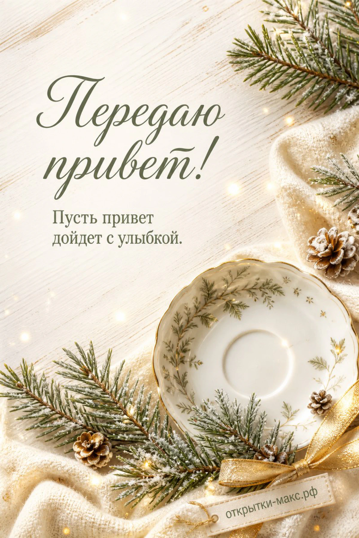 Еловые ветки с шишками и белое фарфоровое блюдце на светлом фоне с огнями гирлянды