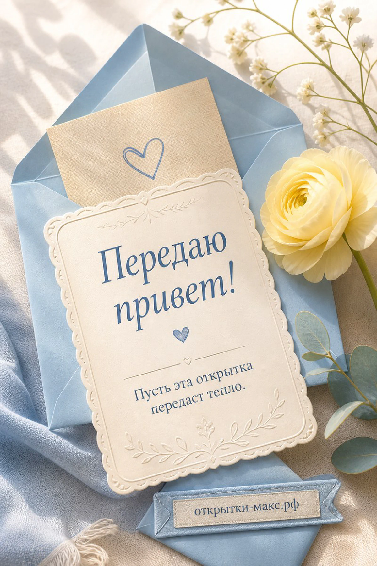 Голубой конверт с карточкой-сердечком, жёлтый ранункулюс и эвкалипт на льняной ткани