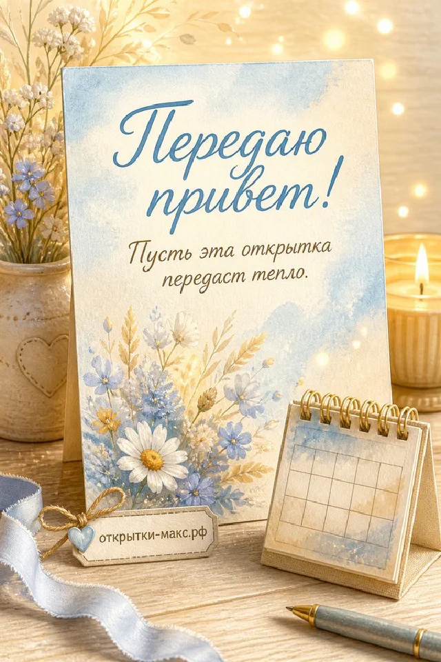 Голубой конверт с карточкой-сердечком, жёлтый ранункулюс и эвкалипт на льняной ткани — вариант 2