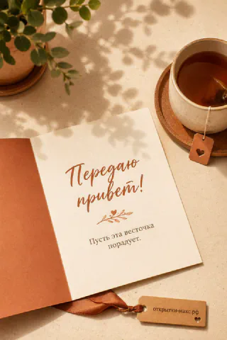 Открытая терракотовая книга с надписью Передаю привет и чашка чая с тегом-сердечком