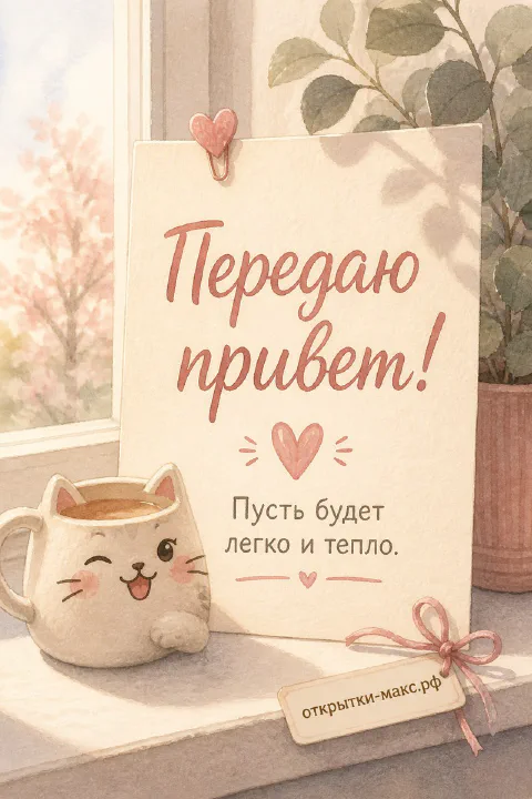 Кружка-котик с кофе и записка на подоконнике, горшок с эвкалиптом на фоне окна