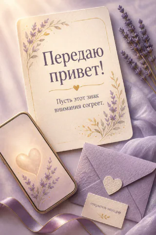 Карточка привет с лавандой, сиреневый конверт и телефон с сердцем на фиолетовом фоне