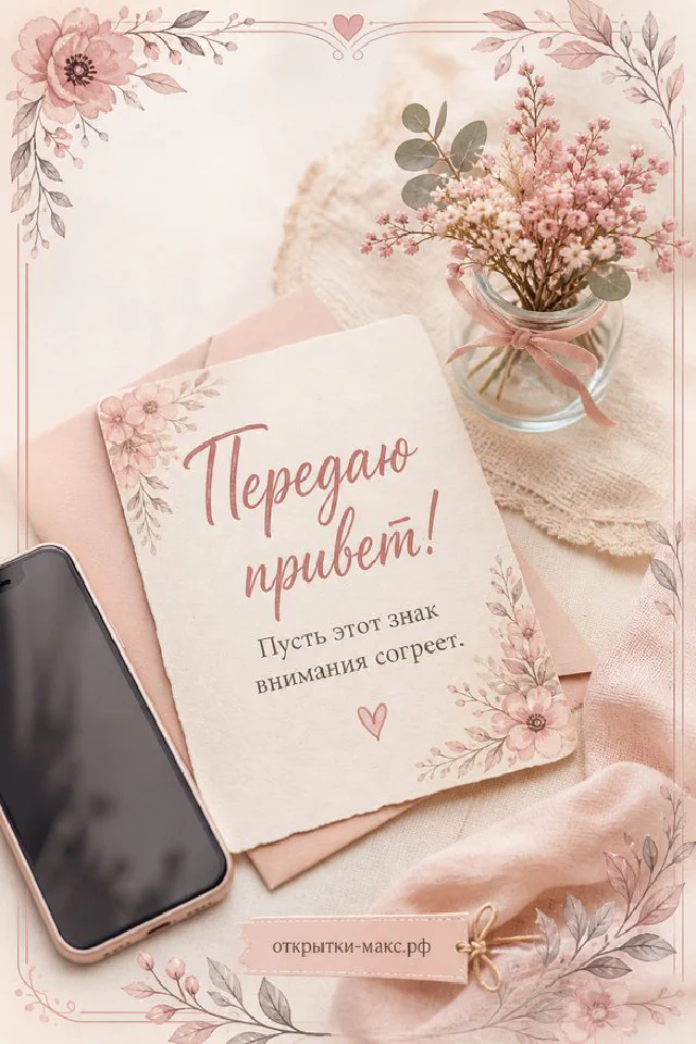 Карточка привет с лавандой, сиреневый конверт и телефон с сердцем на фиолетовом фоне — вариант 2