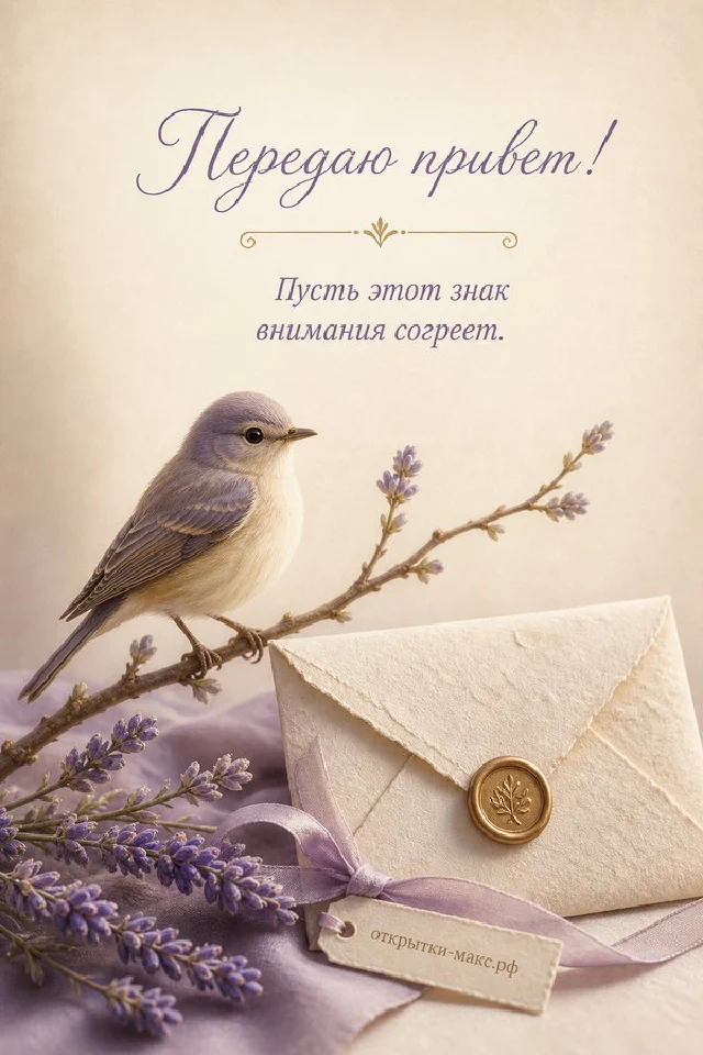 Карточка привет с лавандой, сиреневый конверт и телефон с сердцем на фиолетовом фоне — вариант 3