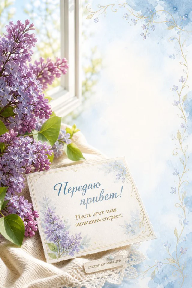 Карточка привет с лавандой, сиреневый конверт и телефон с сердцем на фиолетовом фоне — вариант 5