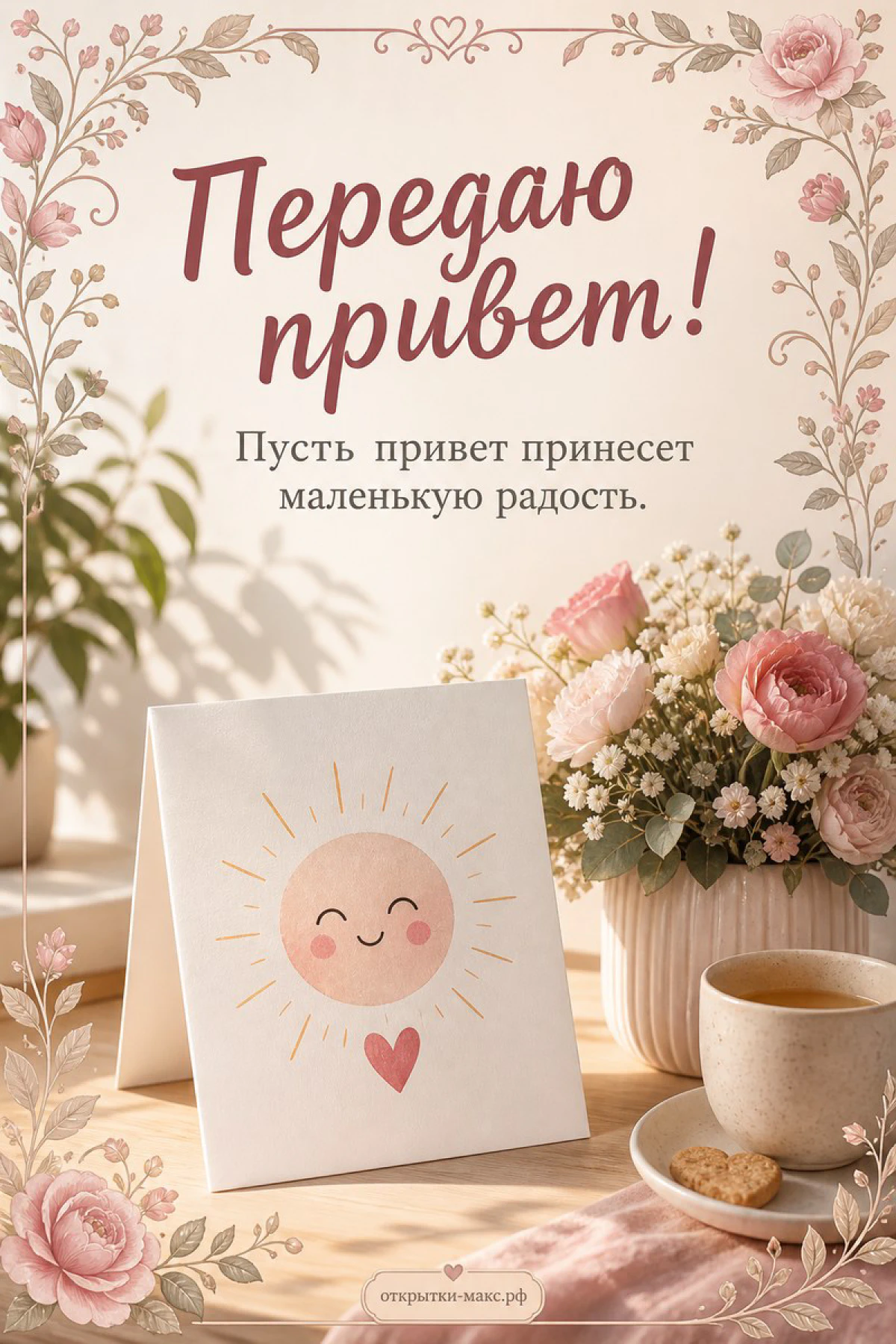 Букет розовых роз и белая карточка с улыбающимся солнышком рядом с чашкой чая