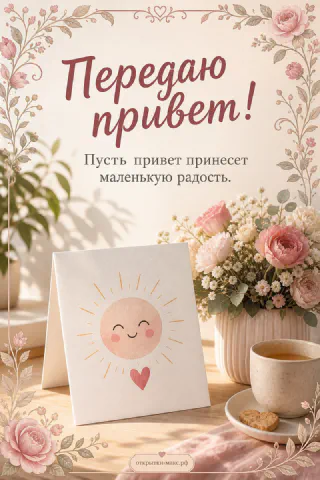 Букет розовых роз и белая карточка с улыбающимся солнышком рядом с чашкой чая
