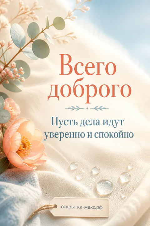Персиковый пион с каплями воды на льняной ткани с веточкой эвкалипта, надпись Всего доброго