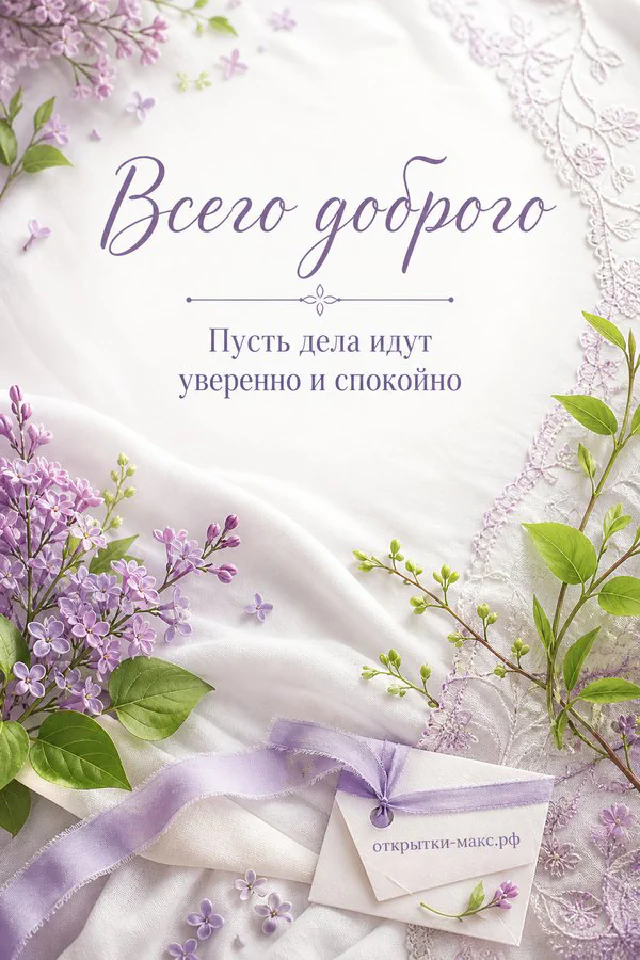 Персиковый пион с каплями воды на льняной ткани с веточкой эвкалипта, надпись Всего доброго — вариант 2