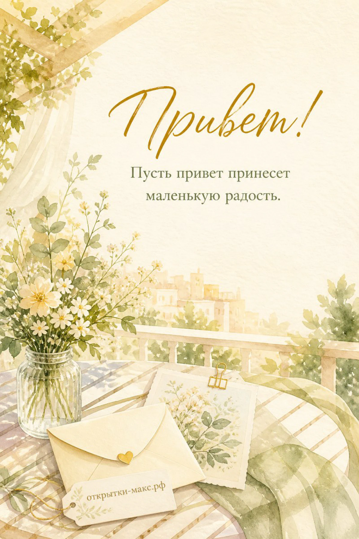 Акварельная сцена: летний балкон с белыми цветами в стеклянной вазе, конверт и клетчатый плед