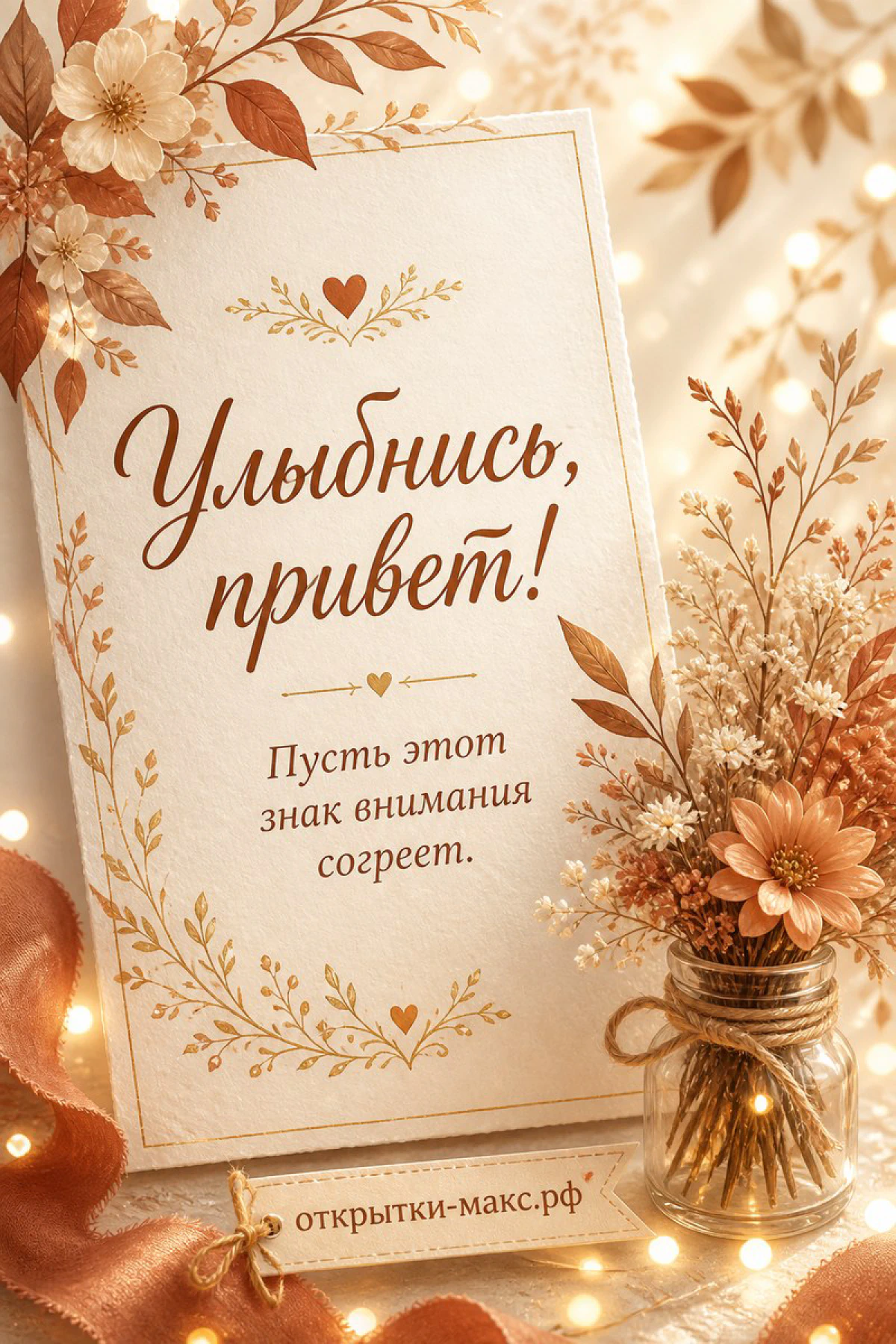Открытка с букетом сухих цветов в банке и огоньками гирлянды с надписью Улыбнись привет