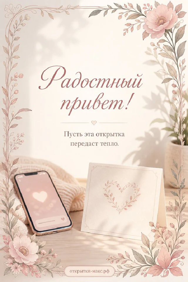 Венок из розовых и белых цветов с календарём-блокнотом и надписью Радостный привет — вариант 2