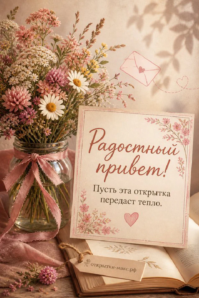 Венок из розовых и белых цветов с календарём-блокнотом и надписью Радостный привет — вариант 3