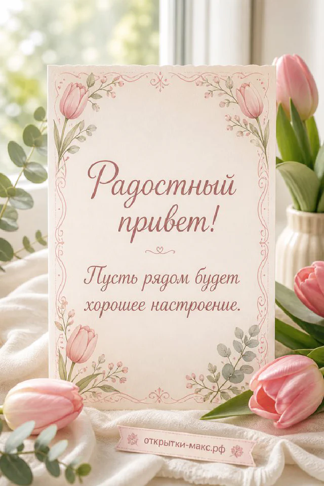 Голубая кружка с чаем на подоконнике с письмом и голубыми цветами, надпись Радостный привет — вариант 2