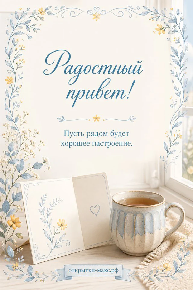 Голубая кружка с чаем на подоконнике с письмом и голубыми цветами, надпись Радостный привет — вариант 3