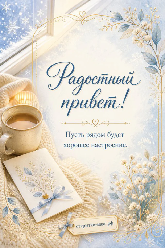 Голубая кружка с чаем на подоконнике с письмом и голубыми цветами, надпись Радостный привет — вариант 4