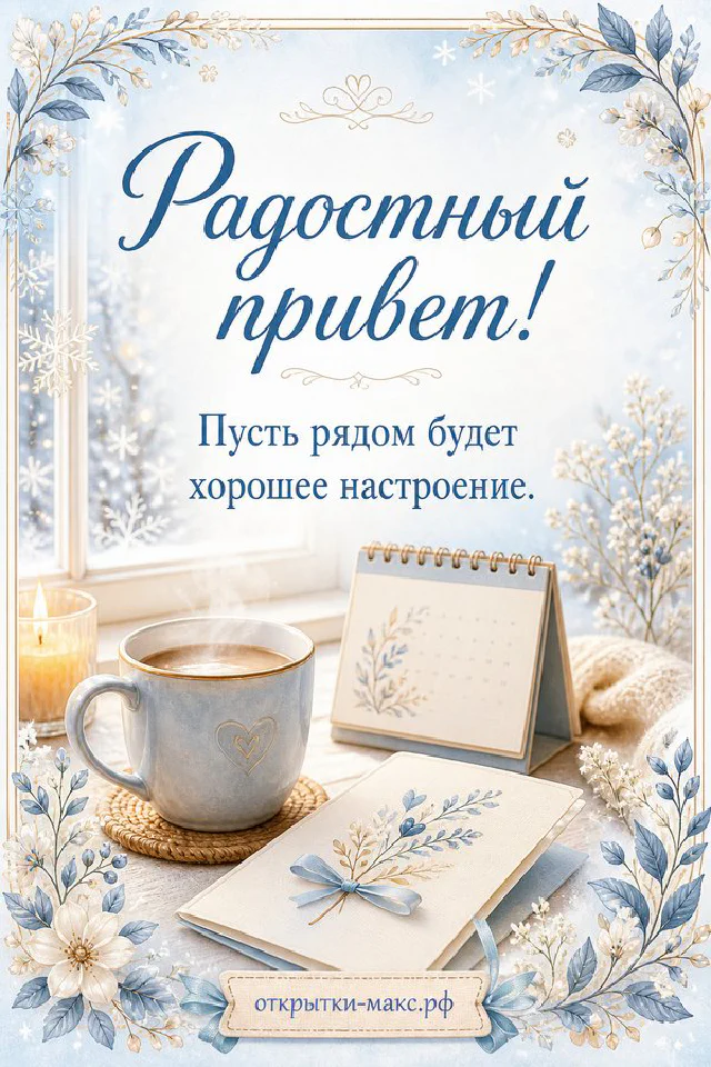 Голубая кружка с чаем на подоконнике с письмом и голубыми цветами, надпись Радостный привет — вариант 5