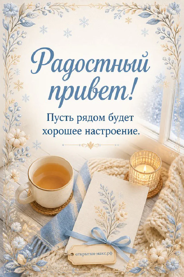 Голубая кружка с чаем на подоконнике с письмом и голубыми цветами, надпись Радостный привет — вариант 7