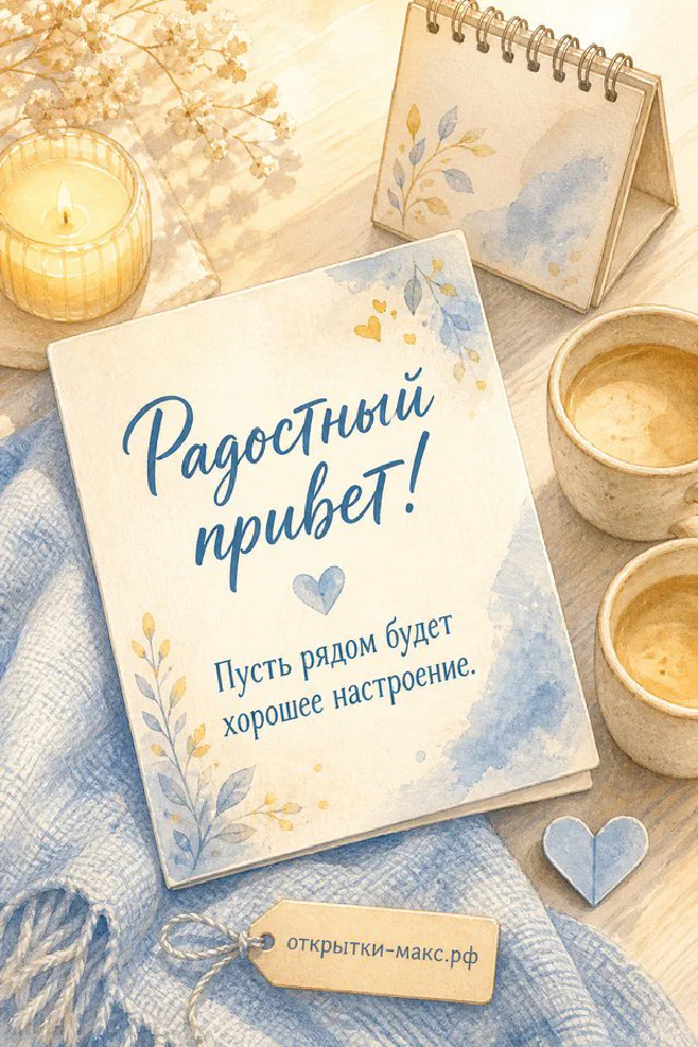 Голубая кружка с чаем на подоконнике с письмом и голубыми цветами, надпись Радостный привет — вариант 8