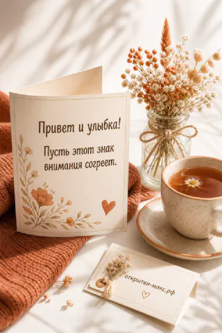 Акварельная открытка с цветами и текстом рядом с чашкой ромашкового чая и вазочкой сухоцветов