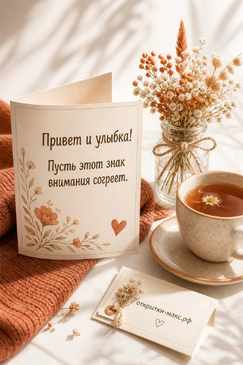 Акварельная открытка с цветами и текстом рядом с чашкой ромашкового чая и вазочкой сухоцветов