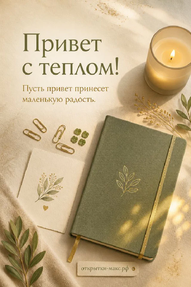 Чашка чая с блокнотом и ручкой на деревянном столе, открытка «Привет с теплом» — вариант 2
