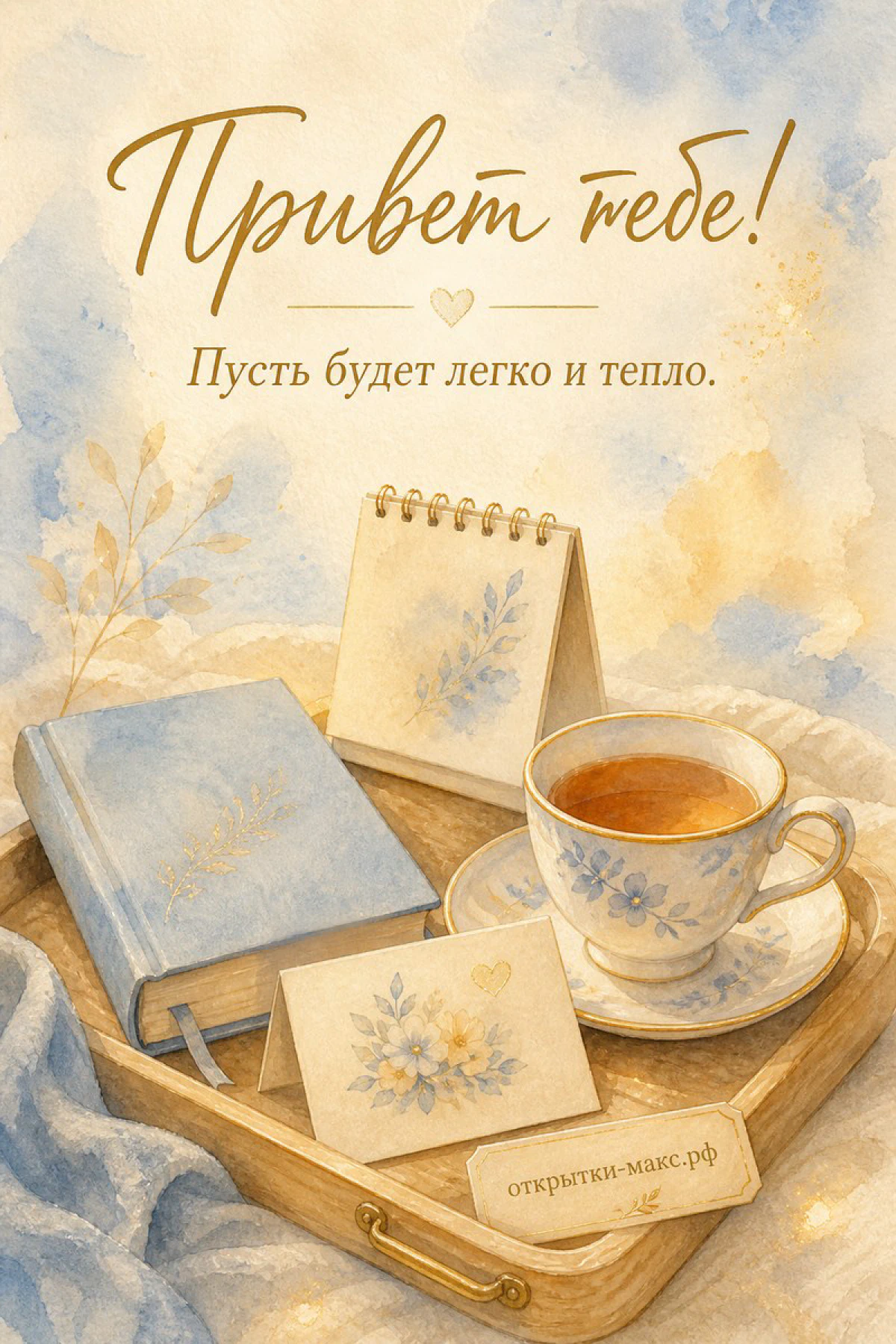 Акварельный поднос с чашкой чая, книгой и цветочной карточкой, надпись «Привет тебе»