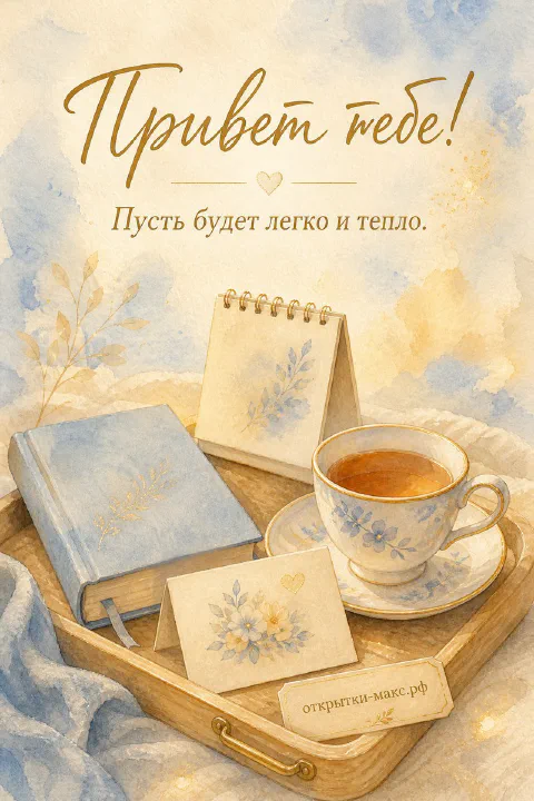 Акварельный поднос с чашкой чая, книгой и цветочной карточкой, надпись «Привет тебе»