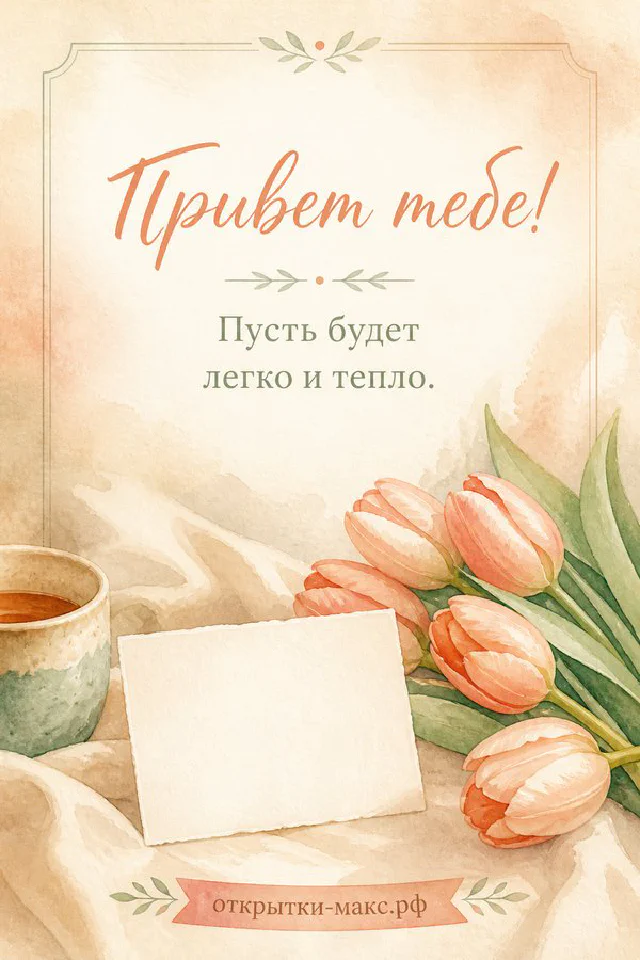 Акварельный поднос с чашкой чая, книгой и цветочной карточкой, надпись «Привет тебе» — вариант 2