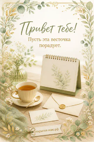 Чашка чая, конверт с печатью и ваза с зелёными ветвями в акварельном стиле, надпись «Привет тебе»