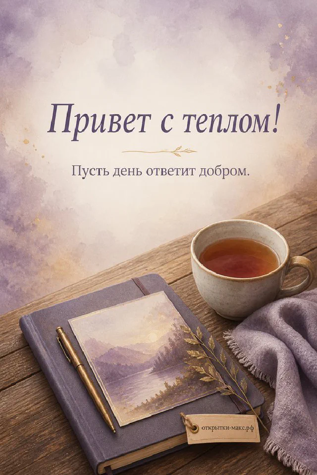 Чашка чая и горящая свеча у окна с осенними листьями, надпись «Привет с теплом» — вариант 2