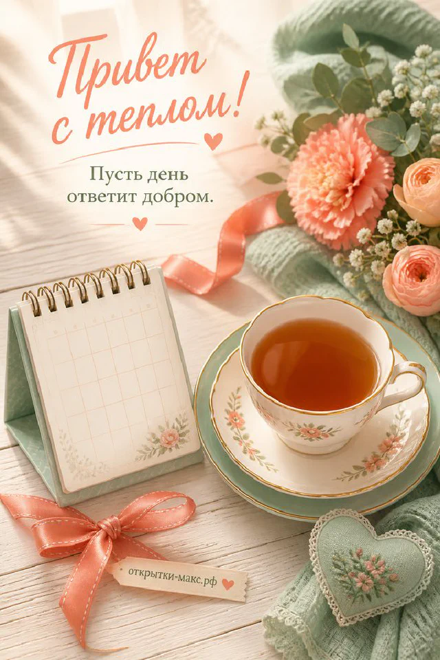 Чашка чая и горящая свеча у окна с осенними листьями, надпись «Привет с теплом» — вариант 3