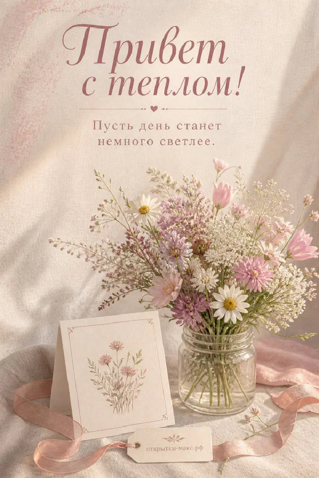 Две чашки кофе с сердечком и цветы на розовом фоне, надпись «Привет с теплом» — вариант 2