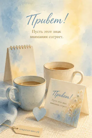 Две голубые кружки кофе рядом с блокнотом на спирали и маленькой открыткой с текстом «Привет»