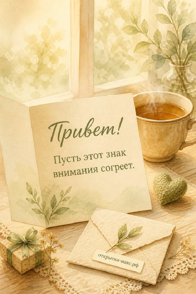 Две голубые кружки кофе рядом с блокнотом на спирали и маленькой открыткой с текстом «Привет» — вариант 3