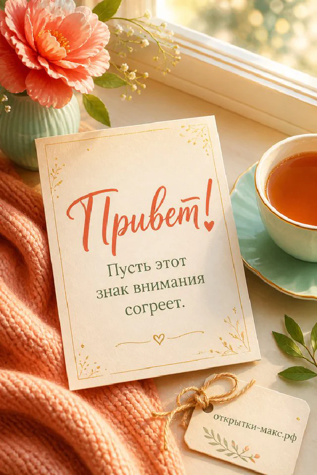 Две голубые кружки кофе рядом с блокнотом на спирали и маленькой открыткой с текстом «Привет» — вариант 5