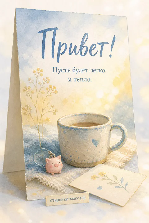 Акварельная открытка с голубой кружкой кофе, жёлтыми цветочками и свинкой-брелоком на светлом фоне