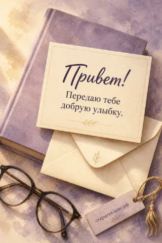 Записка «Привет! Передаю тебе добрую улыбку» лежит на фиолетовой книге с конвертом и очками