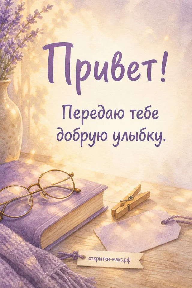 Записка «Привет! Передаю тебе добрую улыбку» лежит на фиолетовой книге с конвертом и очками — вариант 2