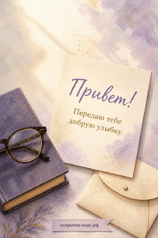 Записка «Привет! Передаю тебе добрую улыбку» лежит на фиолетовой книге с конвертом и очками — вариант 3