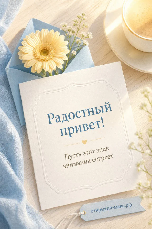 Стопка старых книг с очками, настольной лампой и цветами, надпись Радостный привет — вариант 2