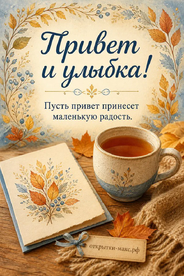 Кожаный ежедневник, янтарная свеча и маленькая открытка на деревянном столе с надписью «Привет и улыбка» — вариант 2