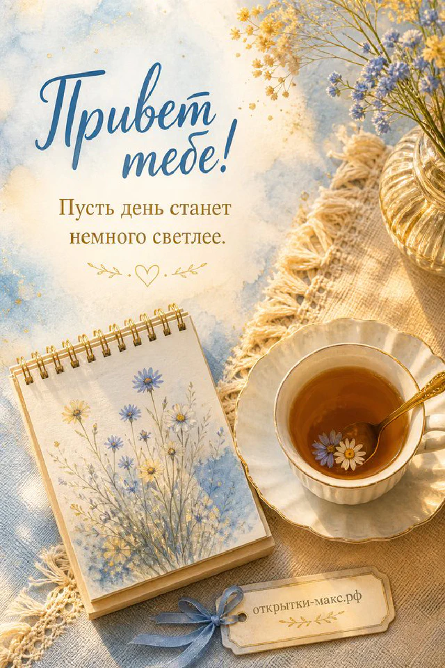 Чашка кофе, металлический фонарь и блокнот с цветами, надпись «Привет тебе» в голубых тонах — вариант 2