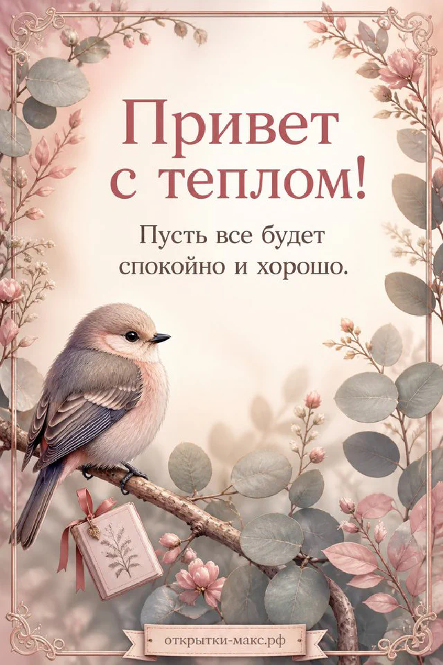Чашка кофе с ленточкой у окна, открытка с надписью «Привет с теплом» — вариант 2