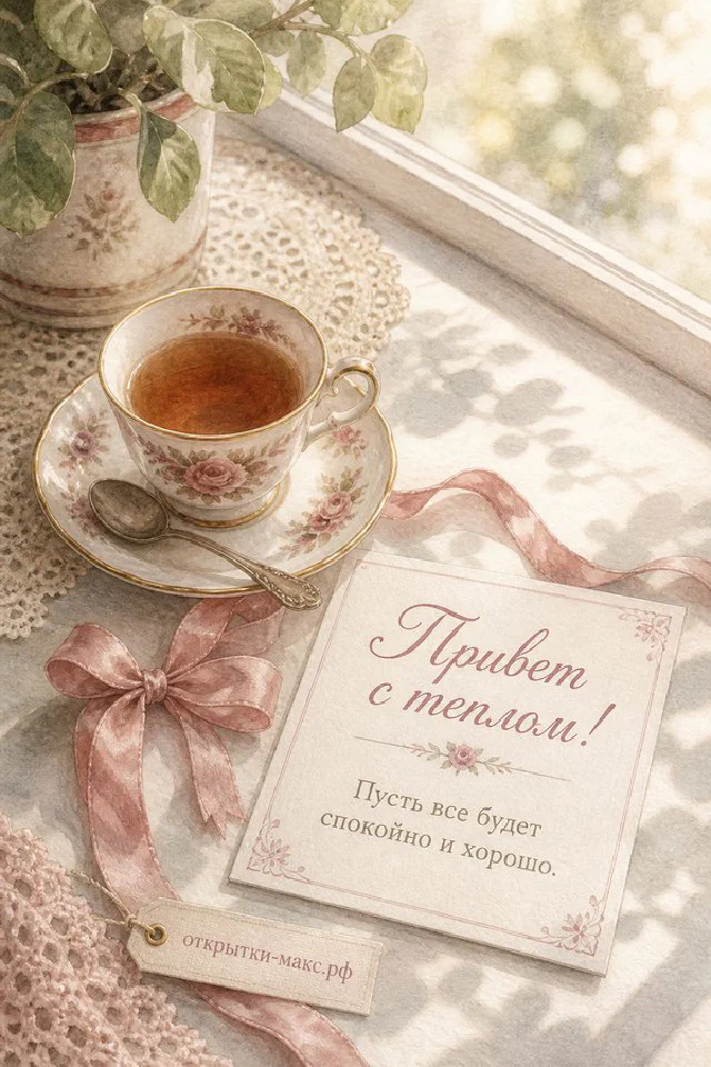 Чашка кофе с ленточкой у окна, открытка с надписью «Привет с теплом» — вариант 3