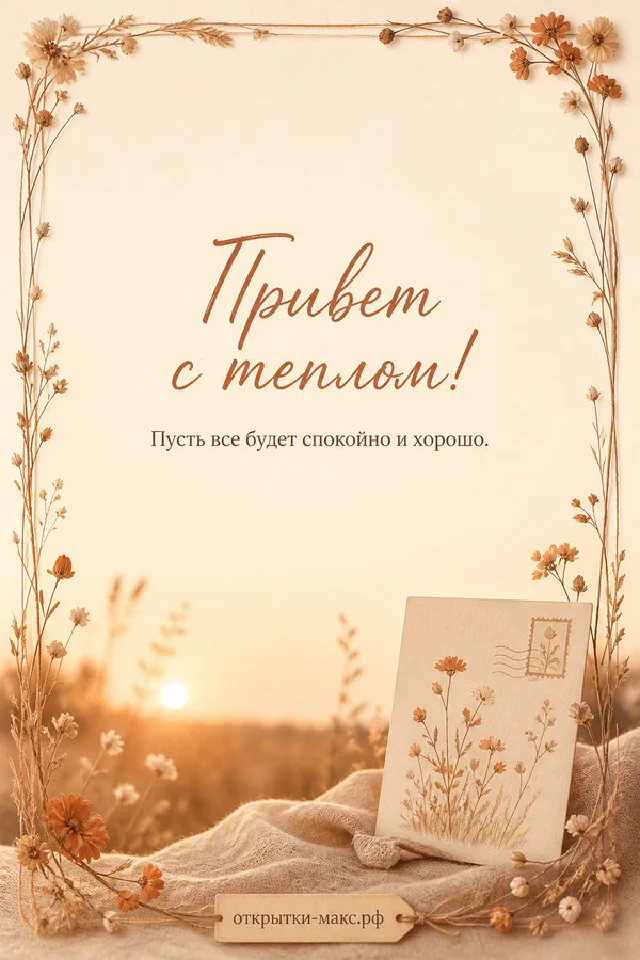 Чашка кофе с ленточкой у окна, открытка с надписью «Привет с теплом» — вариант 4