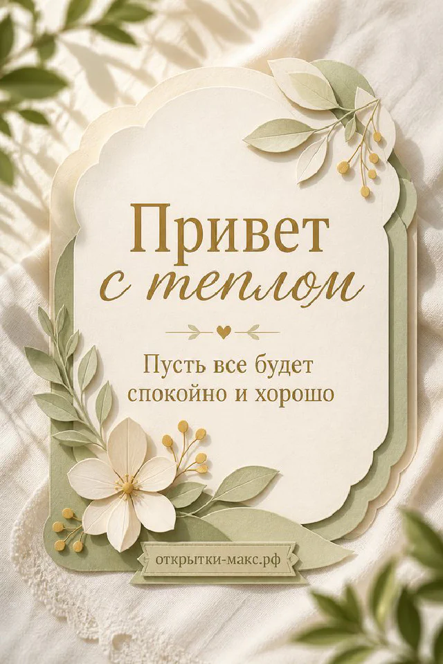 Чашка кофе с ленточкой у окна, открытка с надписью «Привет с теплом» — вариант 5